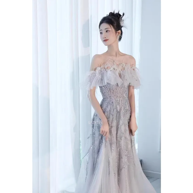 فساتين سهرة نسائية مكشوفة الكتفين ريش باتو مطرز للحفلات مناسبة رسمية طويلة فستان تول أنيق لحفلات الزفاف