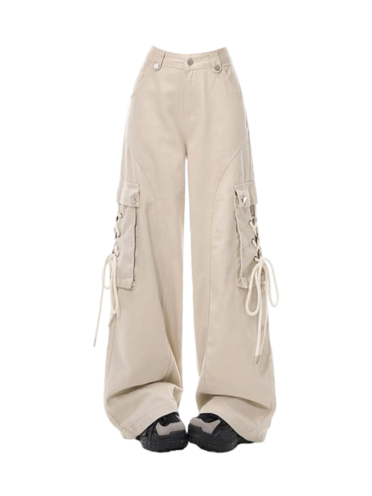 Women Apricot Y2k Baggy Cargo Pants Harajuku Vintage Wide Leg Trousers Japanese 2000s Style Bandage Pants Oversize Clothes 2025