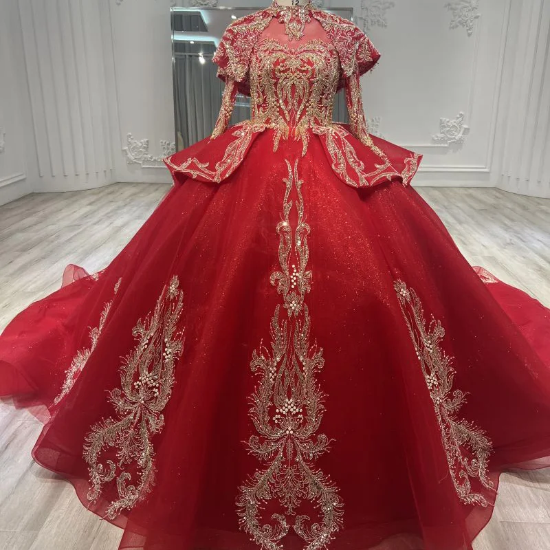 Chinese red long-sleeved trailing wedding dress