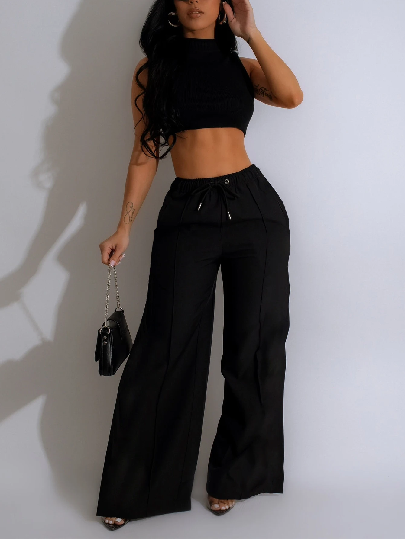 

Black Sleeveless Crop Top + High-Waisted Wide-Leg Pants Set | Slim Fit Casual Outfit | Women's Summer Streetwear Sporty Look | F
