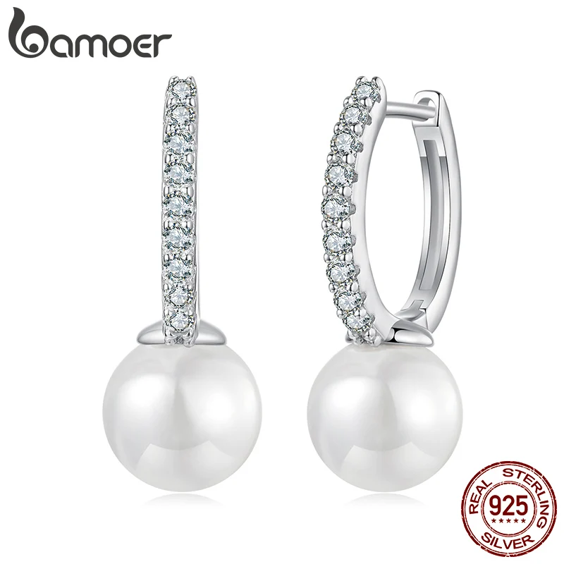 

BAMOER 925 Sterling Silver Moissanite Hoop Earrings with Pearl, White Gold Plated Minimalist Hoop Earrings Elegant Jewelry