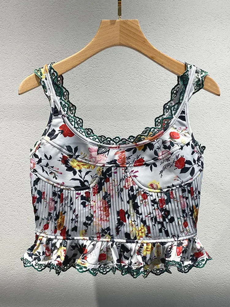 

Floral Print Women Embroidery Trim Tank Top Ruffles Slim Fit Ladies Temperament Vest Summer 2024