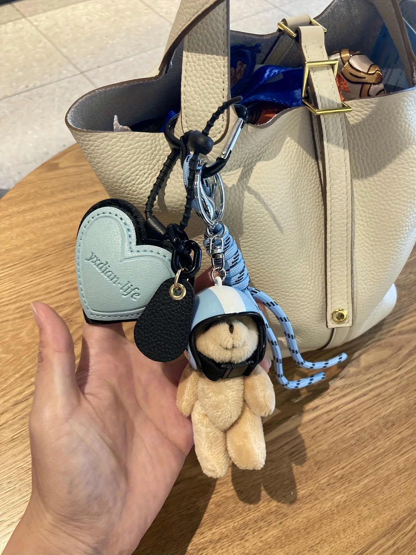 Cute Helmet Bear Pendant DIY Personality Car Key Chain Decoration Charm Woven Rope Hanging Mobile Phone Key Ring Bag Accessories