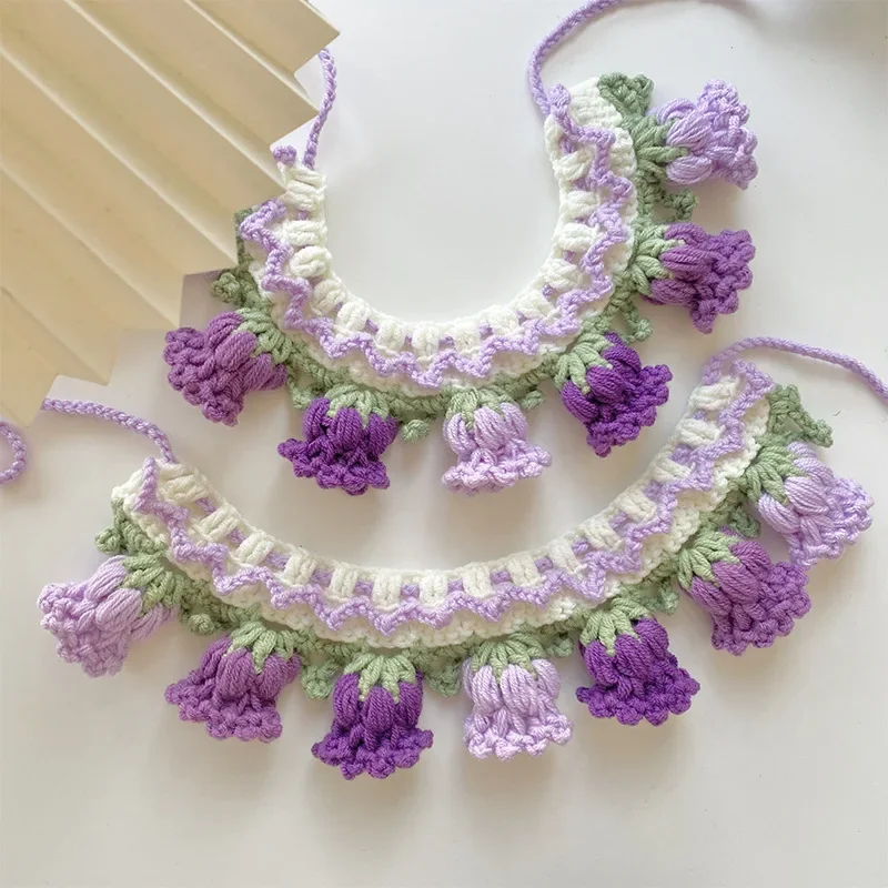 Pet Knitted Necklace Cat Dog Ins Knitted Scarf Pet Saliva Scarf Orchid Bell Flower Puppy Accessories Dog Collar Pet Supplies