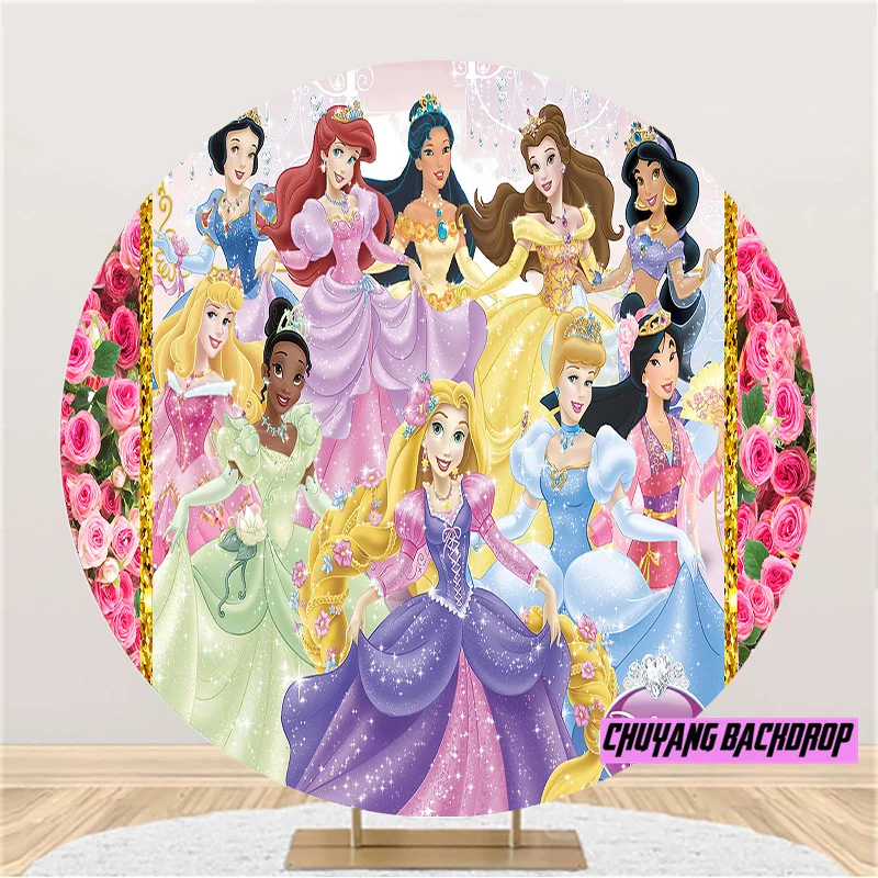 Toile de fond ronde sur le thème du château de princesse Disney, décoration de fête d'anniversaire pour filles, fond de cercle de photo de douche de bébé, accessoires de stand