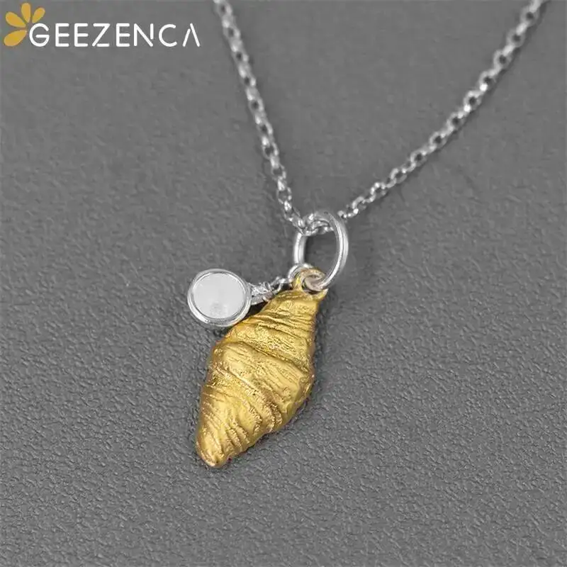 GEEZENCA 925 Silver Two Tone 3D Croissant Cup Pendant For Women Cute Unique Design Necklace Pendants Without Chain 2024 New Gift