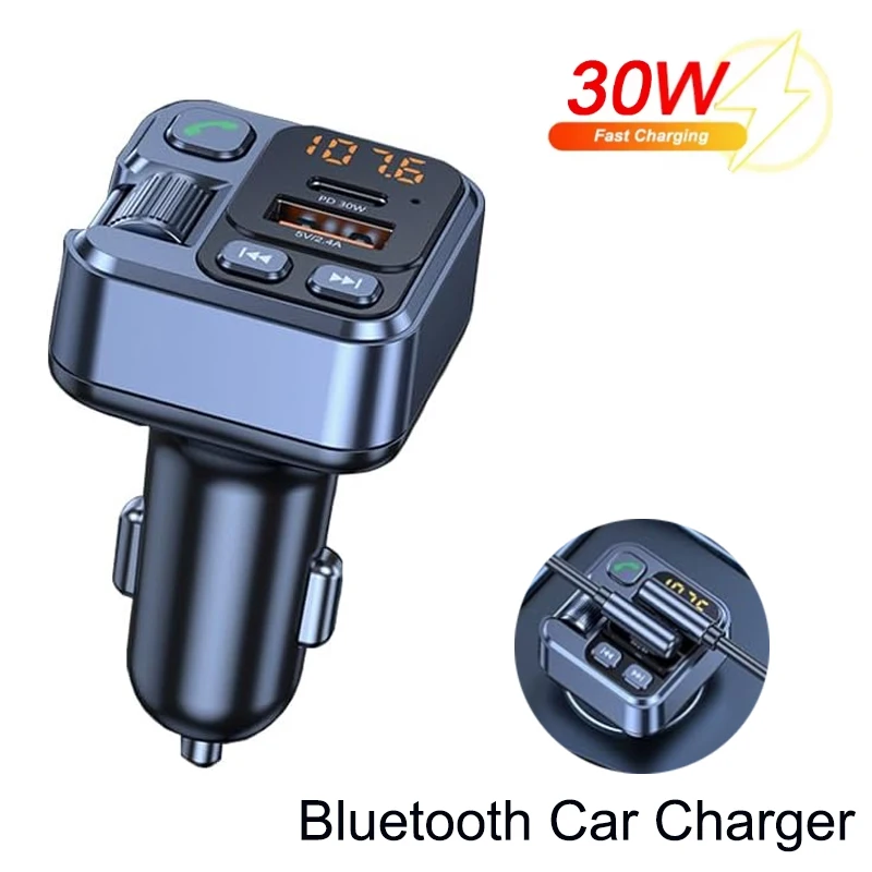 Bluetooth Car MP3 Receiver Cigarette Lighter Player Charger with USB-A and USB-C Fast Charging LED Display FM Transmitter