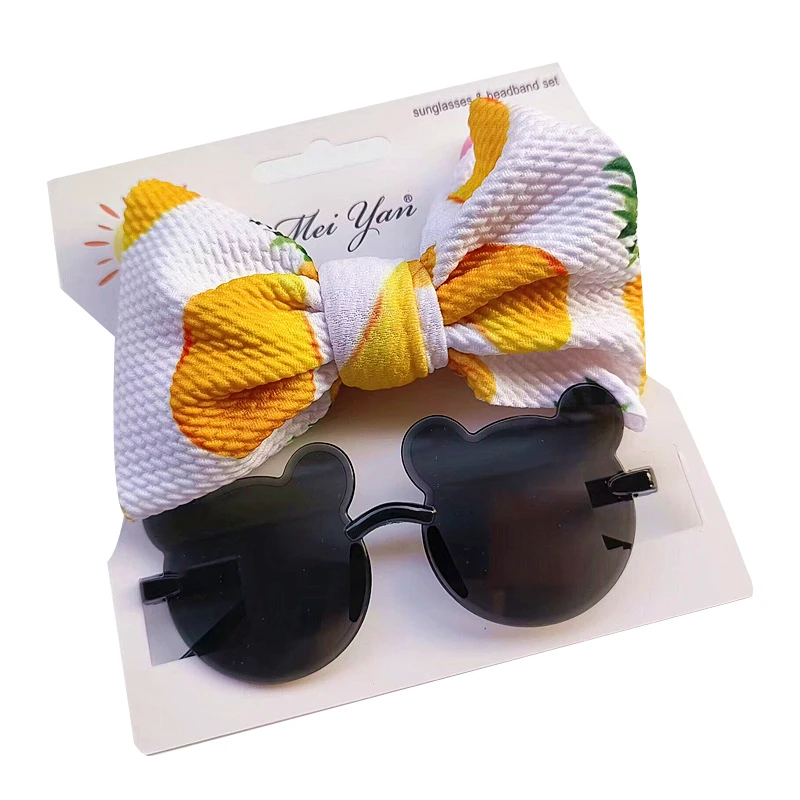 Gafas de sol con estampado de frutas para niños, conjunto de diadema, gradiente, sin marco, oso de dibujos animados, Marco Siamés