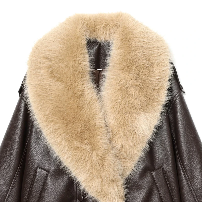 Keanketian 2025 inverno nova pele sintética feminina decorada jaqueta de couro artificial moda luxo duplo breasted grosso casaco quente