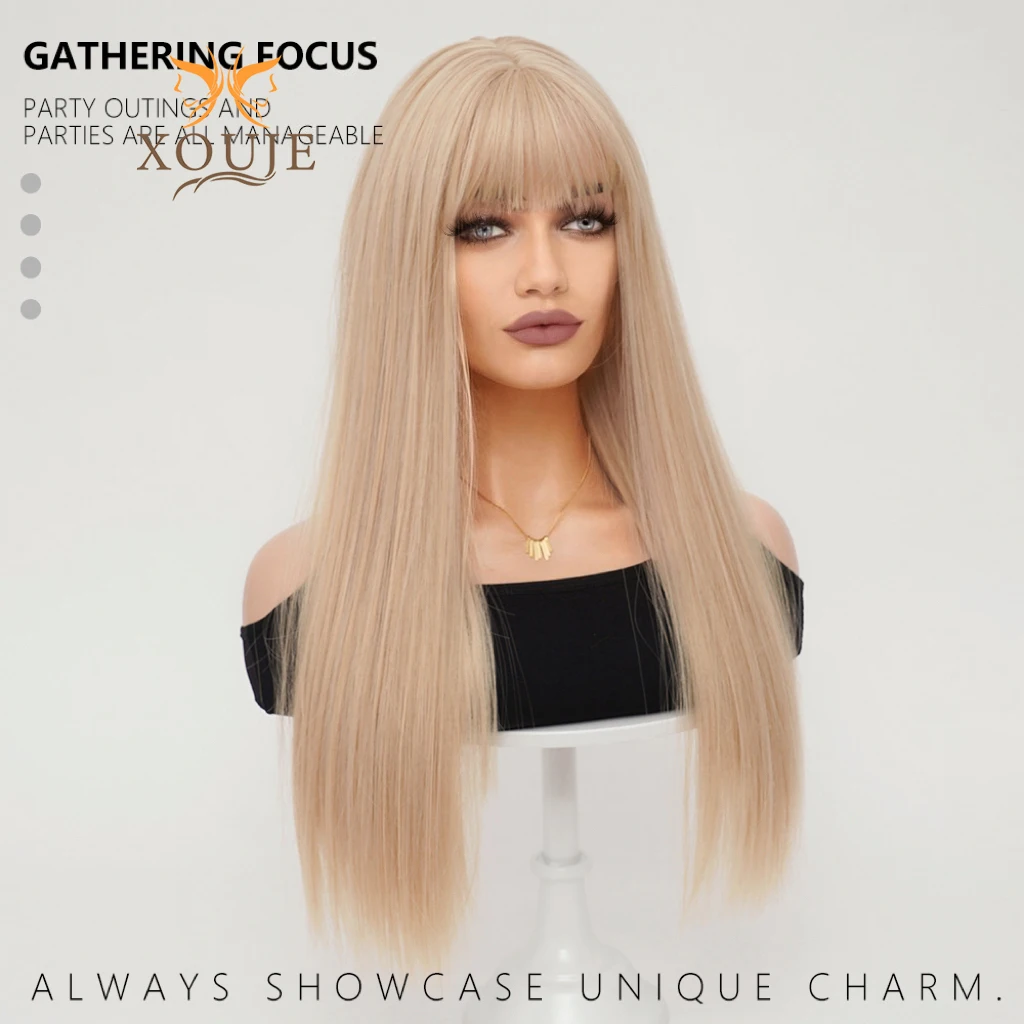 Blonde long straight hair wig synthetic heat-resistant wig natural bangs wig 24 inches for women daily wear holiday party