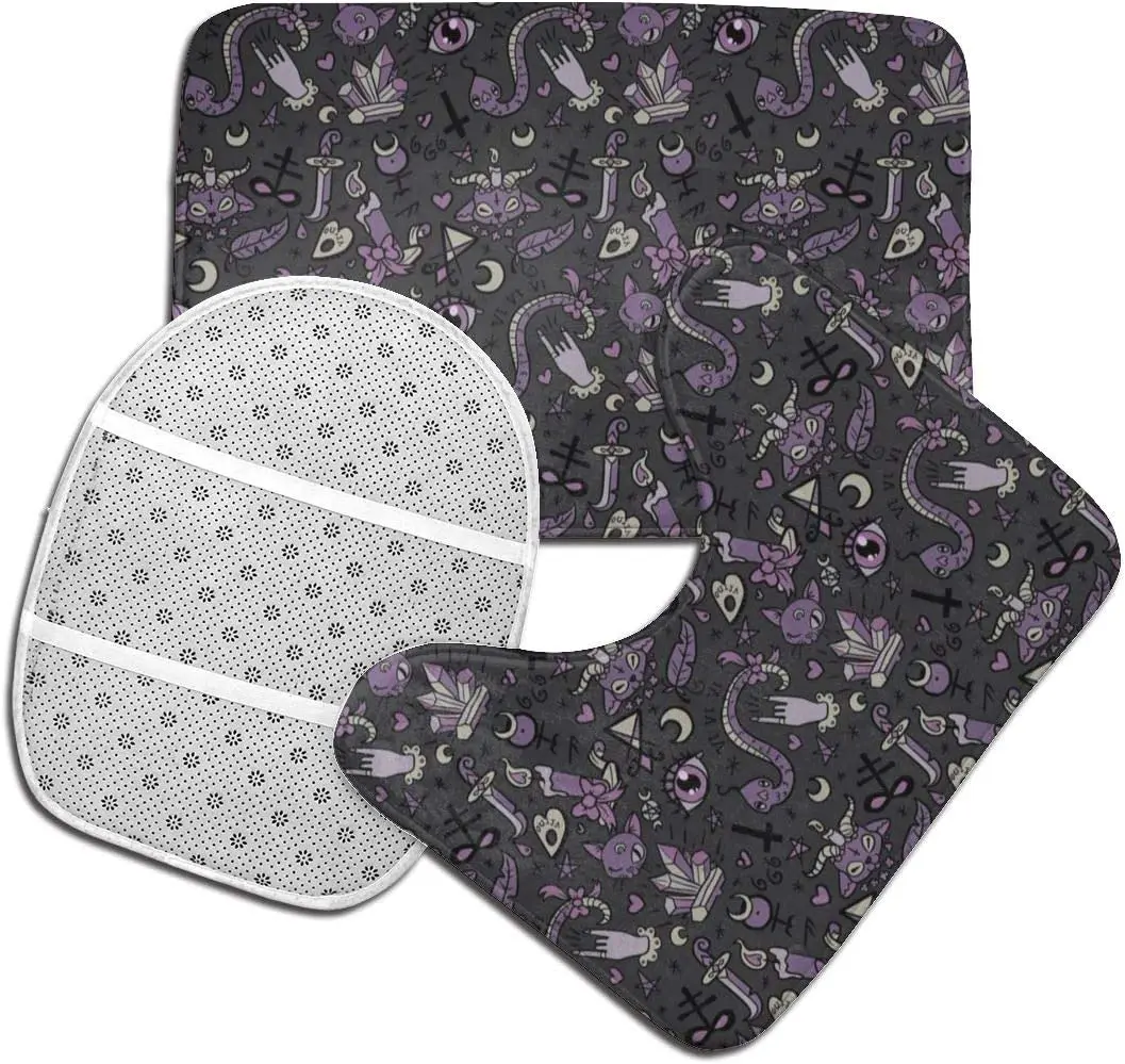 Purple Black Goth Spooky Soft Bathroom Rugs Set 3 Pcs Non Slip Absorbent Bath Mats U-Shaped Contour Rug Mat Toilet Lid Cover Set