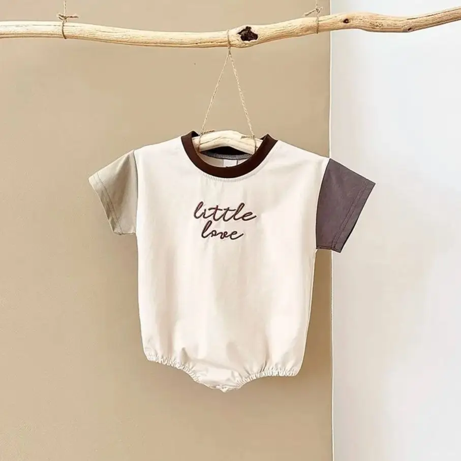 INS Newborn Girls Romper Short Sleeved Letter Embroidered Color Block Jumpsuit Baby Boys Clothes Summer Infant 0-18M