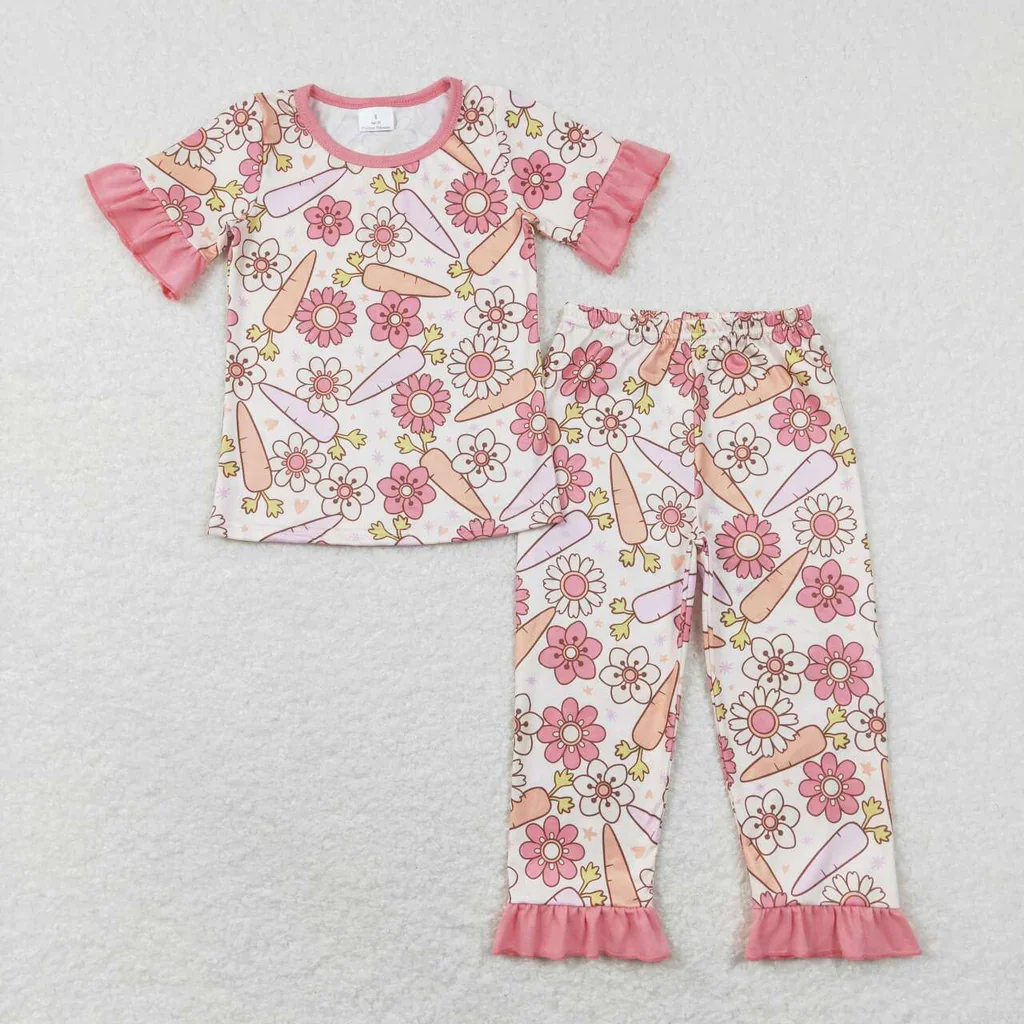 Wholesale Boutique Carrot Flower Pink Girl Pajamas Set