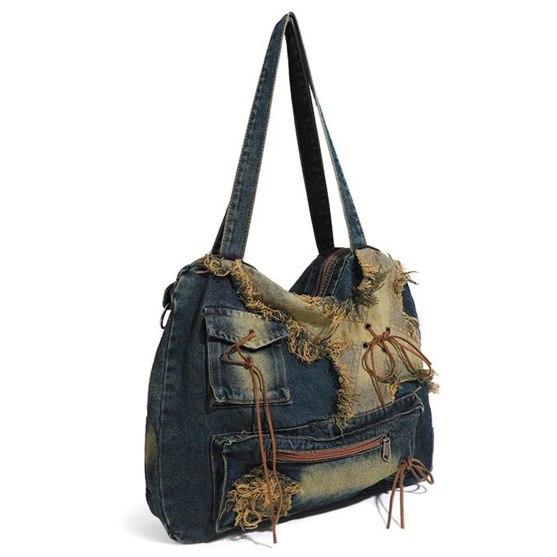 New Style Large Capacity Tote Bag Vintage Shoulder Bag Washed Denim Bag Daily Casual Bags