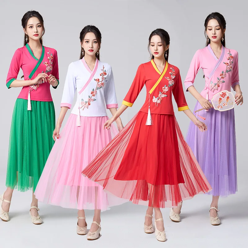 Square dance, ethnic clothing, Chinese style embroidery, middle-aged and elderly group dance clothing, mesh large swing skirt se