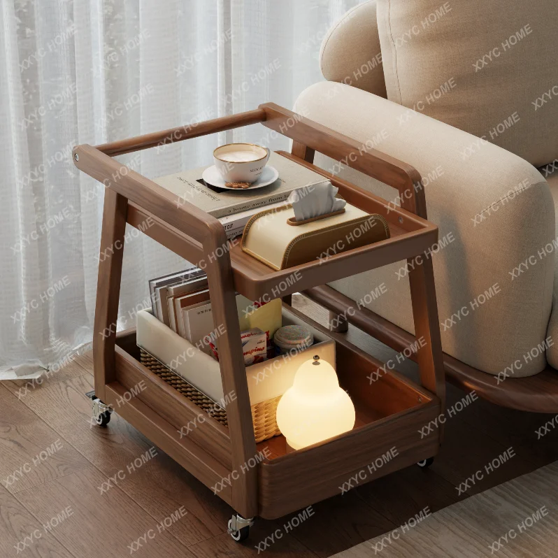 Solid wood sofa edge few movable sofa with wheels side table bedside table living room snack trolley