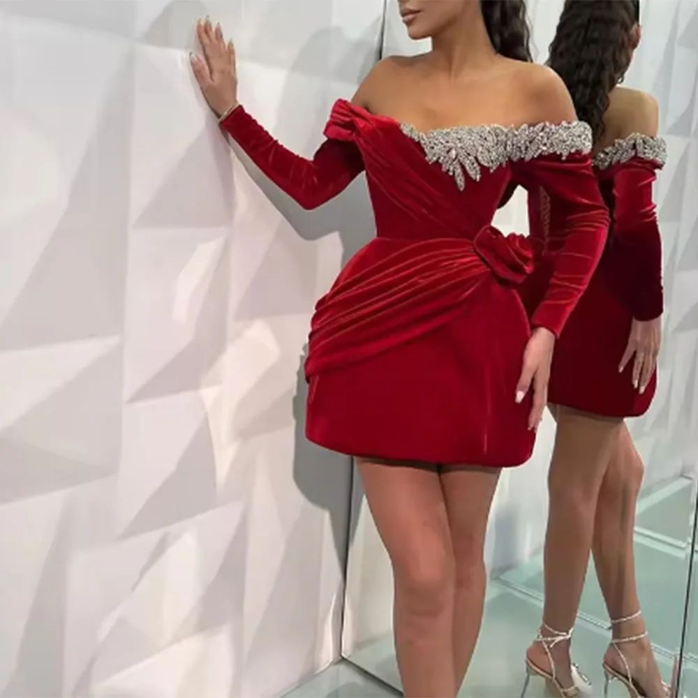

Red Velvet Cocktail Dress Mini Off the Shoulder Long Sleeves Gown Short Appliques Beads Birthday Women Formal Gowns