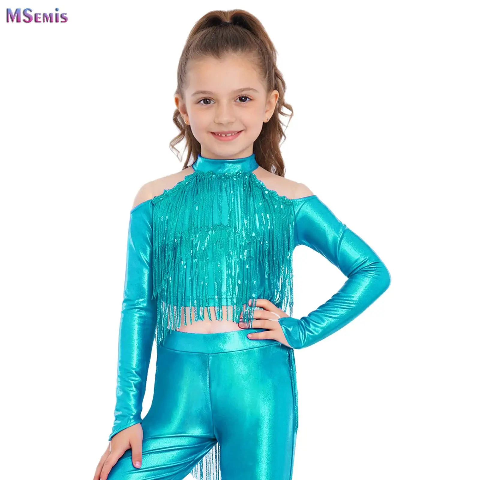 

Kids Girls Stage Performance Metallic Tops Cold Shoulder Long Sleeve Finger Holes Sequin Tassels Crop Top for Jazz Latin Ballet