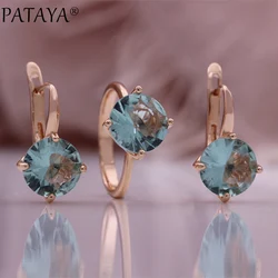 PATAYA New 585 Rose Gold Color Earrings Ring Sets For Women Round Natural Zircon Bride Rings Wedding Fashion Jewelry Sets