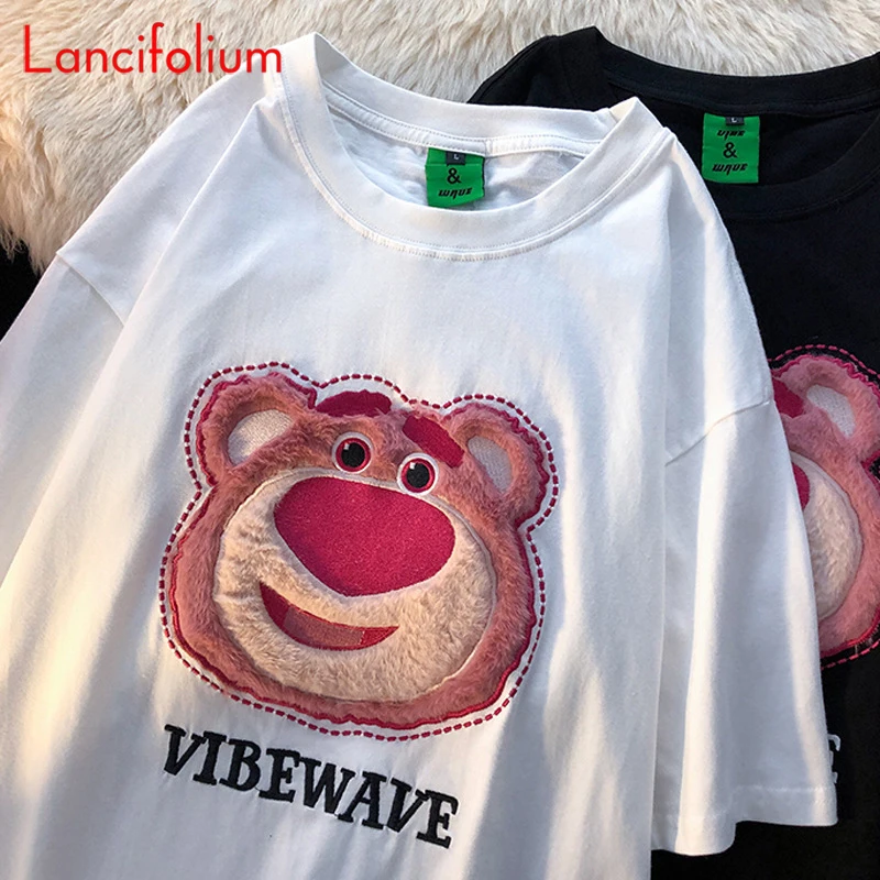 Kawaii Cartoon Tee Flock Embroidery Pink Bear Letter Short Sleeve Oneck BF Korean T Shirt Summer Cute Couple White Tshirts Top