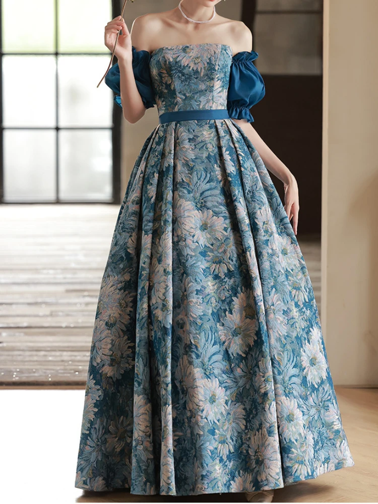 Customized French Formal Slash Neck Puff Short Sleeve Big Swing Princess Dress A-line High Waist Strap Design Gown Floral Printe