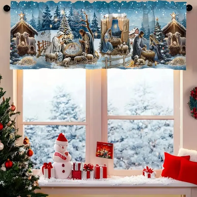 VIKAMA Christmas Nativity Window Valance Holy Birth Short Curtain for Xmas Holiday Kitchen Window Decoration