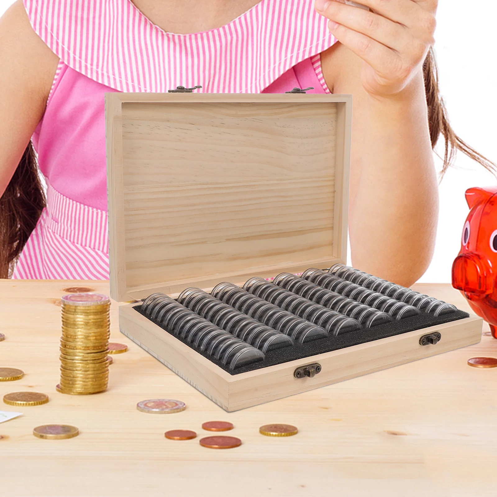 Coin Storage Box Wooden Display Case With Adjustable Eva Rings Lockable For Coins Medals Badges Organizer