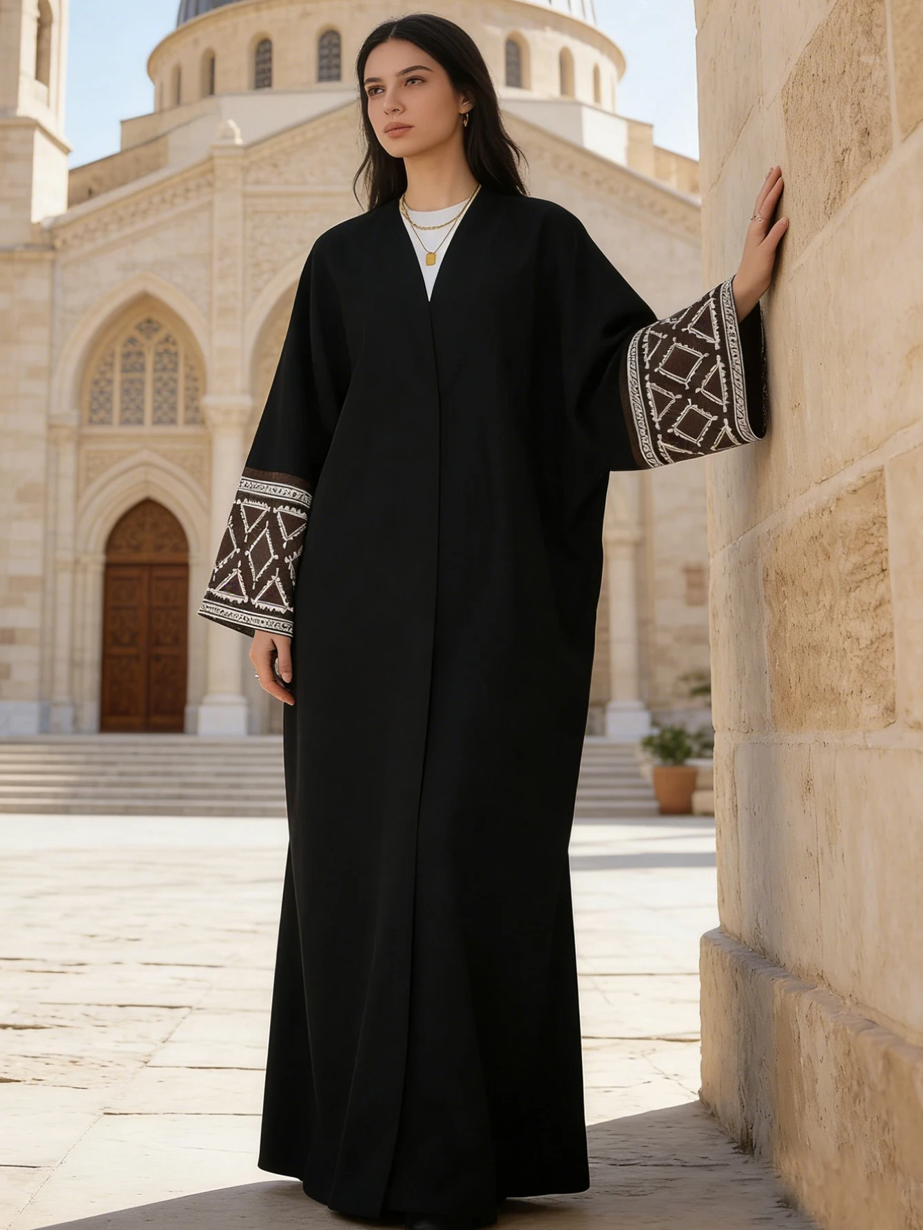 عباية نسائية قفطان إسلامي بأكمام مطرزة متباينة طول ماكسي فستان رمضان جلباب مفتوح من الأمام عبايات خارجية معاطف صوفية