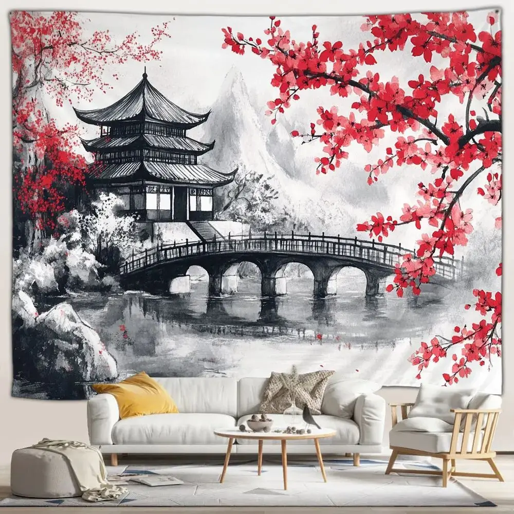 VIKAMA Japanese Cherry Blossom Misty Landscape Chinese Architecture Tapestry for Living Room Bedroom Decor