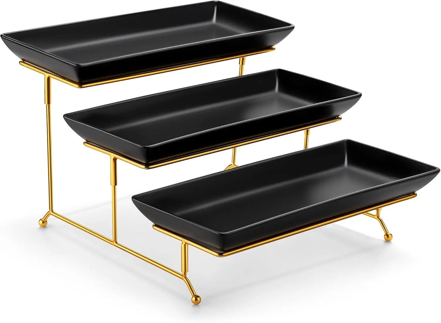 

3-Tier Collapsible Gold Metal Rack Porcelain Black Serving Trays for Party Food Dessert Stand