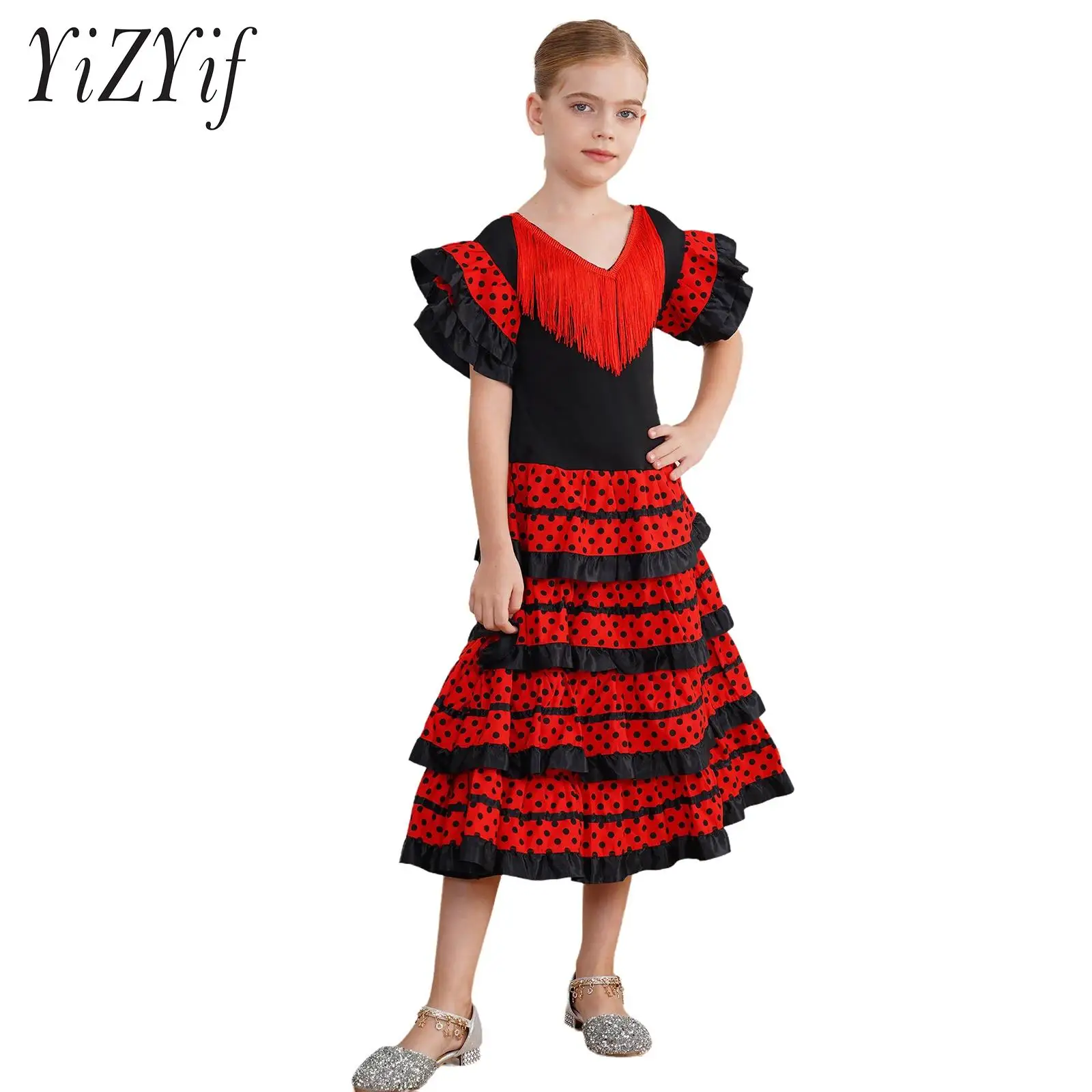 Kids Girls Spanish Pase Doble Dress Tassel V Neck Ruffled Sleeve Dots Tiered Ruffles Color Block Dance Dress Dance Performance