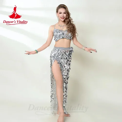 Disfraz de danza del vientre para mujer, Top con sujetador de lentejuelas personalizado + Falda larga a la cadera, 2 piezas, traje de danza del vientre Oriental para adultos y niños