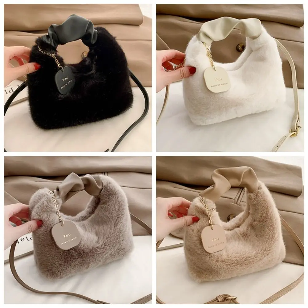 Korean Style Plush Cloud Crossbody Bag PU Pleated Handle Niche Design Faux Rabbit Fur Handbag Solid Color Handbag