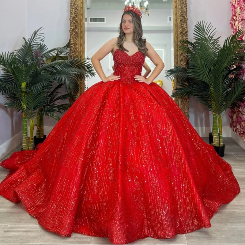

Red Shiny Quinceanera Dresses Off The Shoulder Lace Beading Crystal Tull Party Birthday Sweet 16 Dress Vestidos 15 De Anos