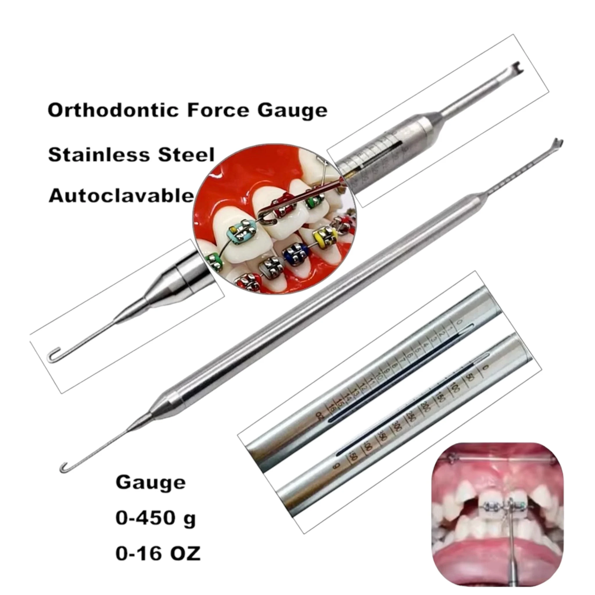 1pc Dontrix Guage Dental  Orthodontic Dynamometer Stress Tension Meter for Elastic Bands & Braces - Autoclavable Force Gauge