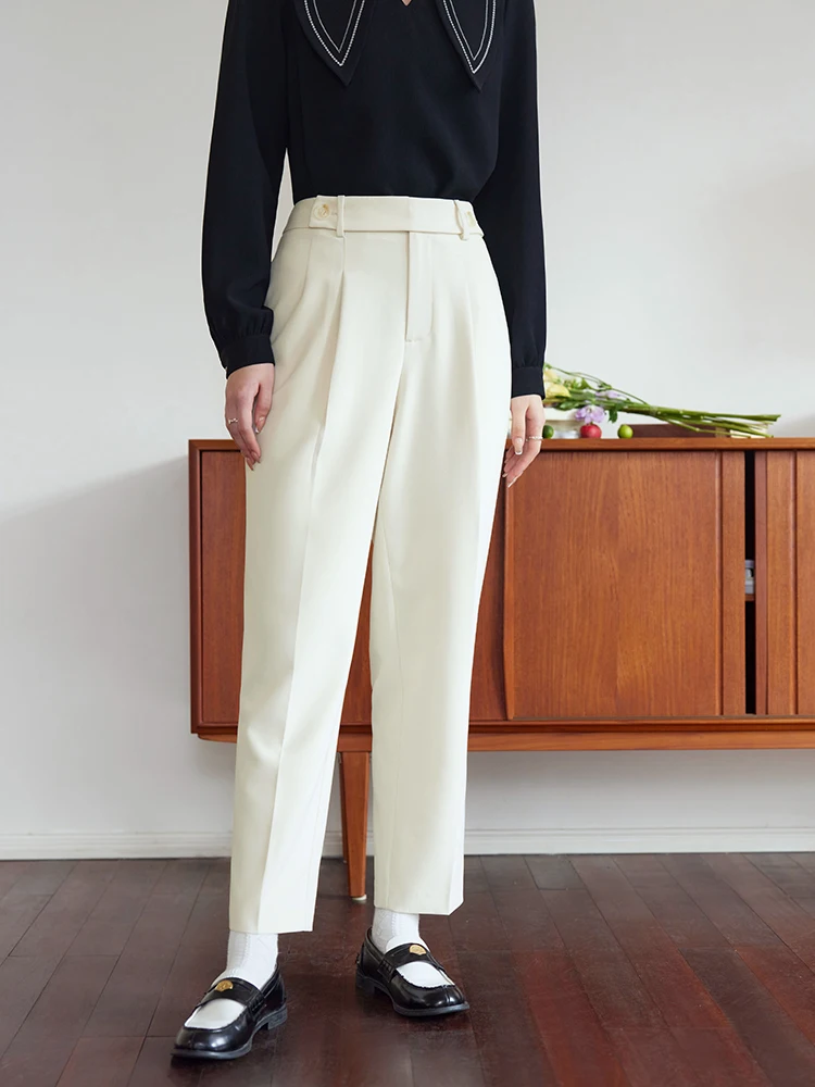 DUSHU High Waist Women Casual Suit Trousers Waist Pleated Design Solid Commuter Tapered Cropped Suit Pants Women Spring Pant