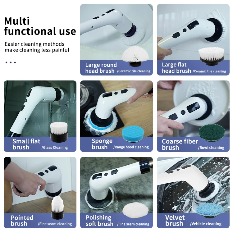 แปรงขัดทำความสะอาดไฟฟ้าแบบหมุนด้ามยาว พร้อมหัวแปรงเปลี่ยนได้ 8 หัว สำหรับทำความสะอาดห้องน้ำ ห้องครัว และพื้น