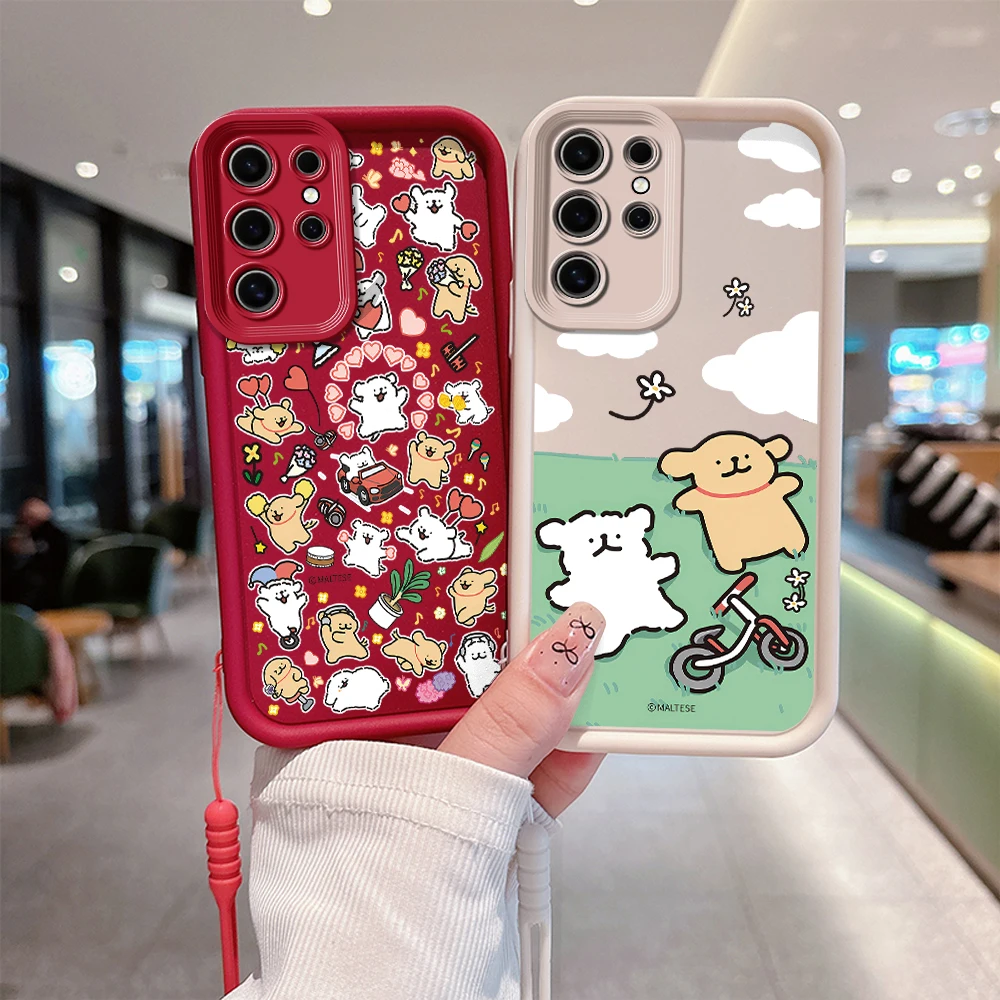 Cute Leisure Malteses Art Phone Case for Samsung S24 S23 S22 S21 S20 FE Plus Ultra 5G Soft Silicone TPU Back Cover With lanyard