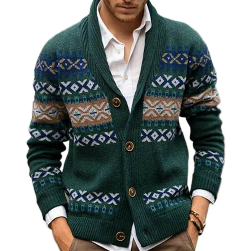 Winter Green Crocheted Sweater Christmas Coat Men\'s Knitted Cardigan Lapel Long-Sleeved Crocheted Sweater Jacket for Men M-3XL