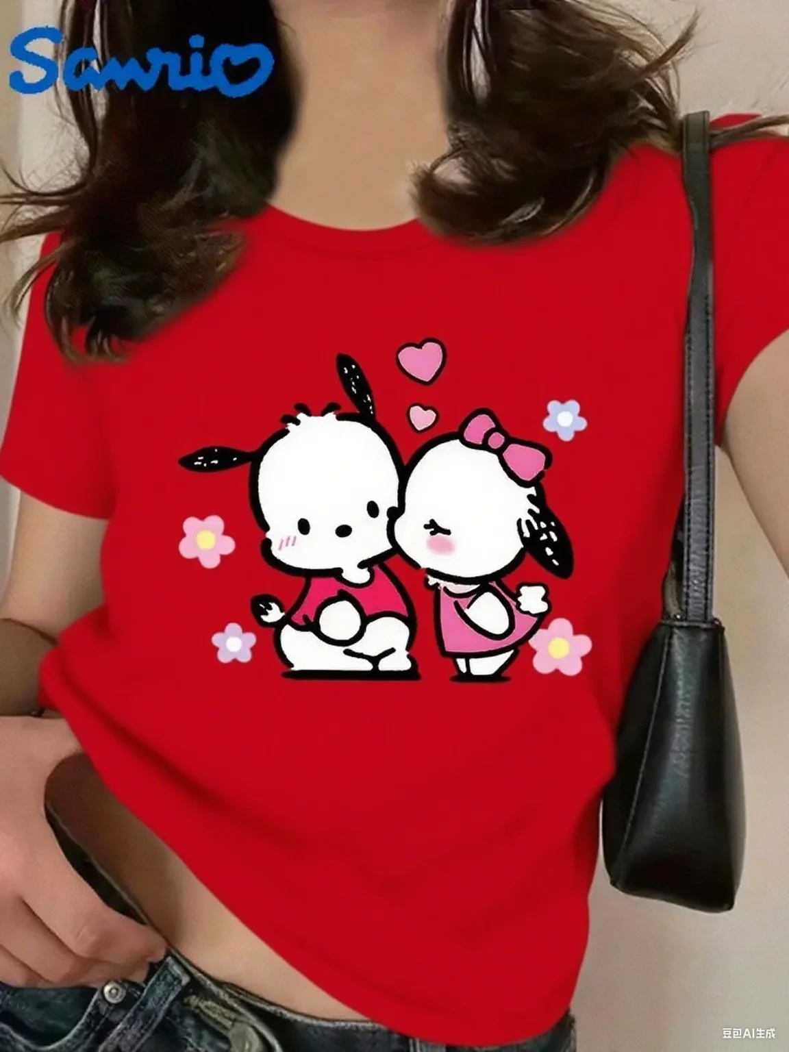 Pochacco Sanrio Cotton Tee الساحرة زوجين Pochacco التوضيح مع القلوب والزهور طباعة القطن الخالص الناعم للمناسبات غير الرسمية