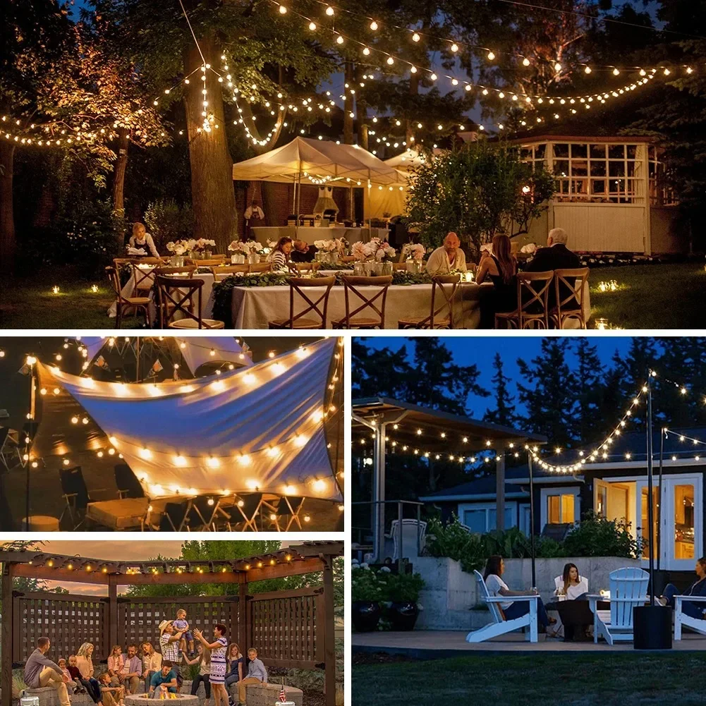 Solar String Lights Outdoor Remote Shatterproof G40 Bulbs Solar Powered&USB Charging Patio Light Dimmable Waterproof for Outside
