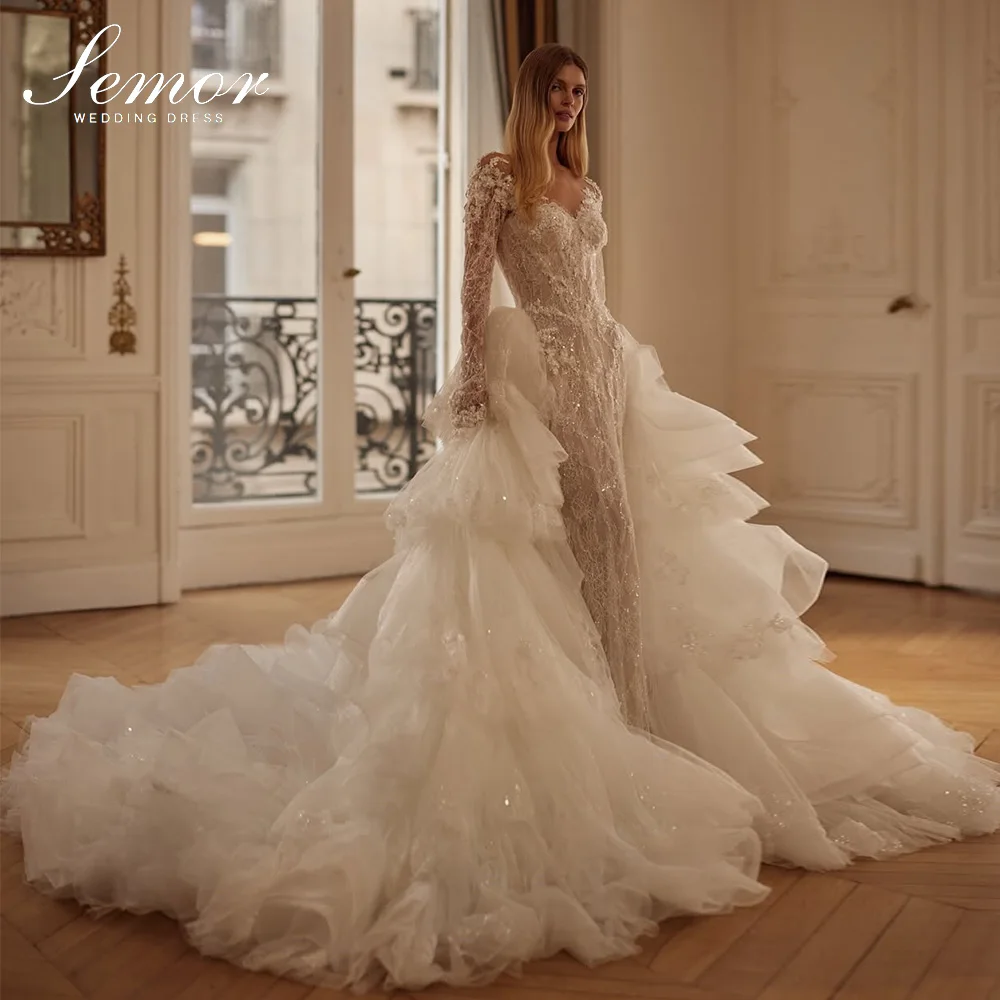 Semor Exquisite Appliques Beading Lace Mermaid Wedding Dress Customized Scoop Neck Long Sleeve Detachable Train Princess Bridal