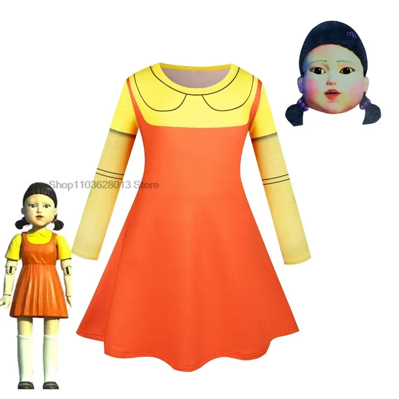 Costume de Cosplay à Manches Courtes pour Fille, Tenue de Princesse Jaune et Orange avec Masque, Vêtement de ixd'Anniversaire,