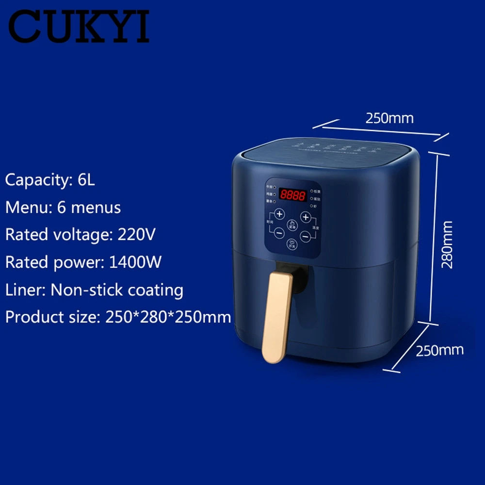 CUKYI 6L Household Air Fryer Electric Baking Oven Automatic French Fries Maker Oil Free BBQ Tool Cooking Machine 60 Min Timing