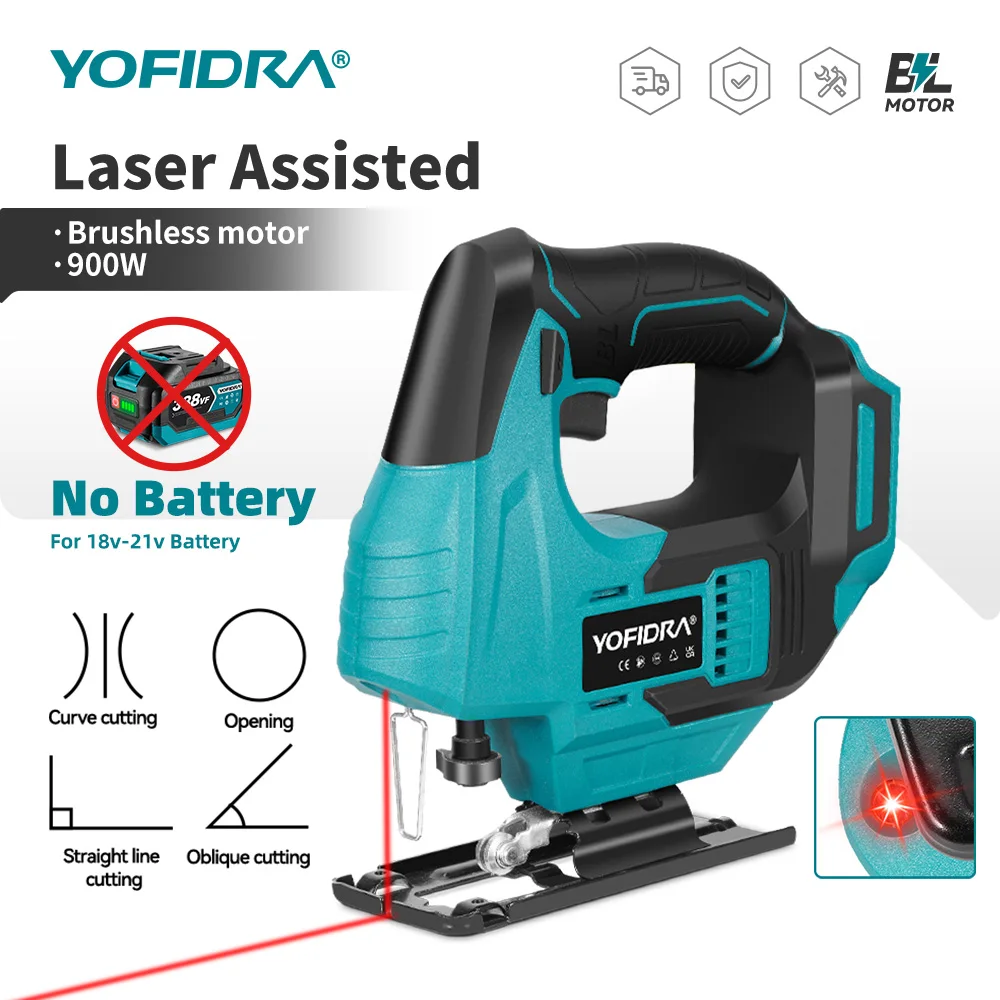 YOFIDRA Brushless Electric Jig Saw Curve Saw Multi-Function Cutting Pipes Power Tool With Laser Assisted For Makita Battery Pin