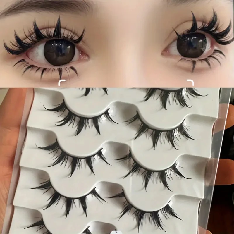 5 Pairs of Anime-Style False Eyelashes, Dramatic Demon-Style Cartoon False Eyelashes with D-Curve, Reusable