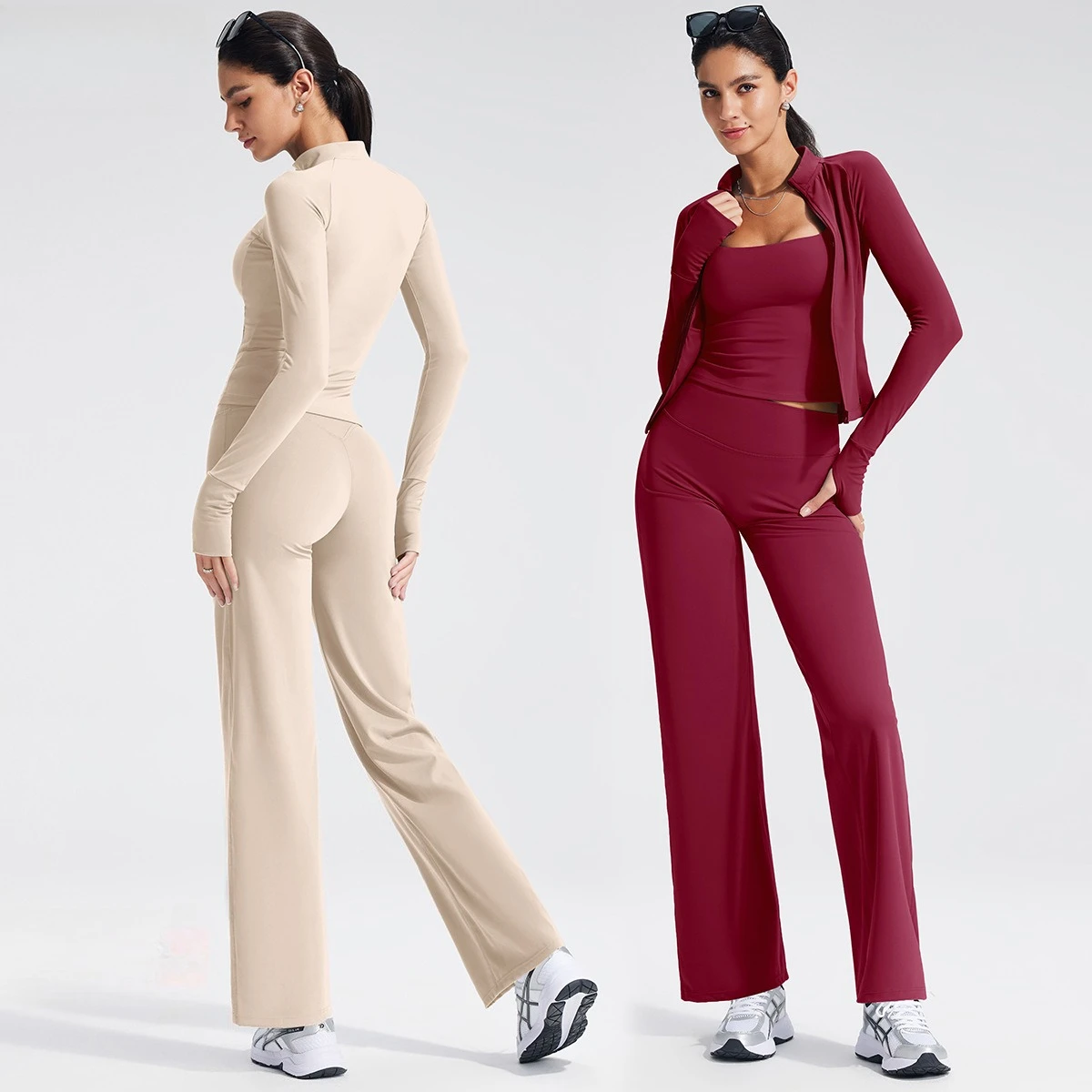Women Zip Thumb Hole Crop Jacket High Waist Stretch Straight Leg Yoga Pants Quick Dry Gym Jogging Training Active Sportswear