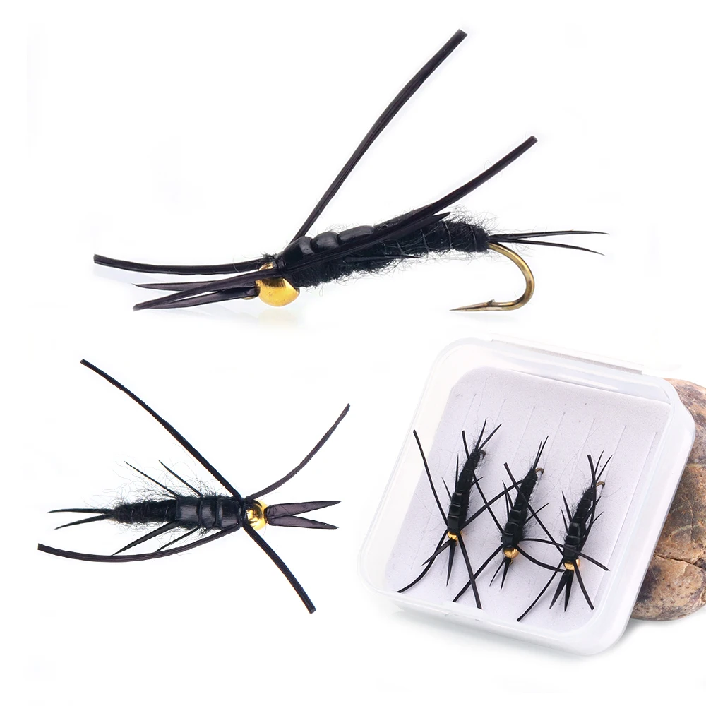 5 Stück/Box Messing-Perlenkopf Schwarze Stonefly-Nymphen mit Gummibeinen und Kupferdrahtrippen, Kunstköder für Forellen- und Barsch-Angeln
