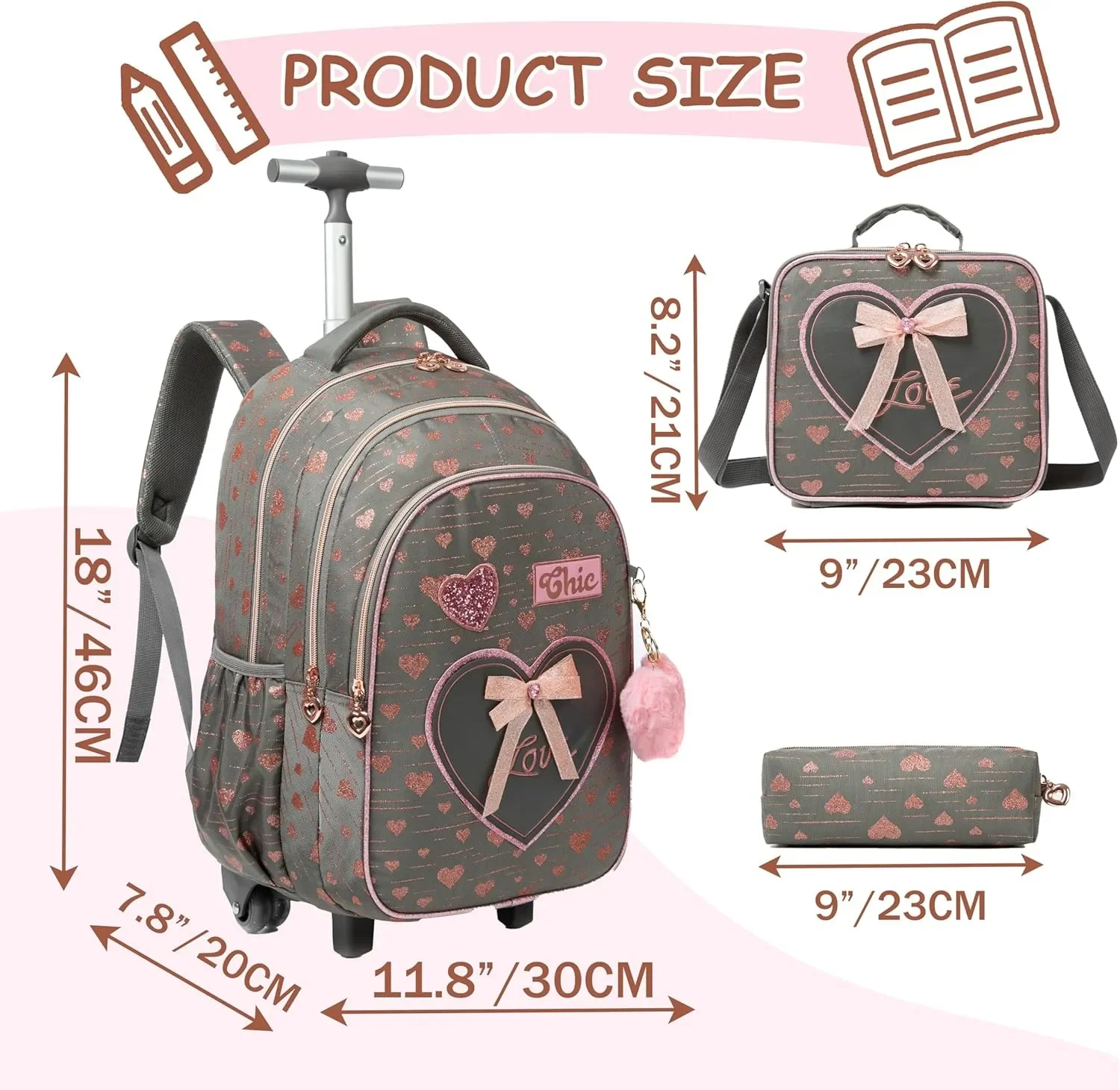 Bunnyfly 3PCS Rolling Backpack for Kids with Wheels Cute Travel School Bookbag for Girls Roller Wheeled Backpack