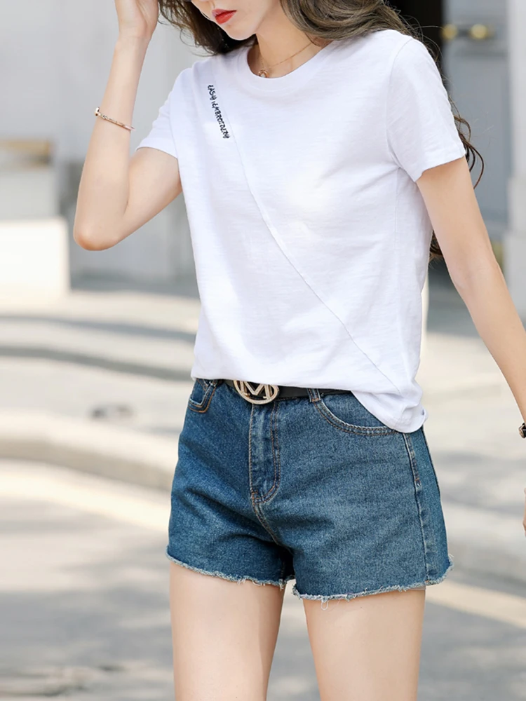 2026 Sommer T-Shirt Damen 100% Baumwolle Kurzarm-Shirts Tops O-Ausschnitt Shirt Tees Locker Sitzende Patchwork-Tops Lässig Hochwertig – Detail 3